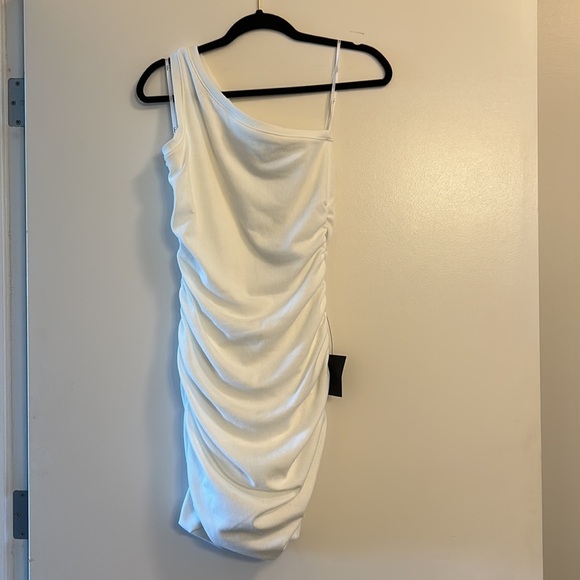 Lulus Side and Seek White Ribbed One-Shoulder Ruched Mini Dress, Medium NWT - Picture 5 of 7